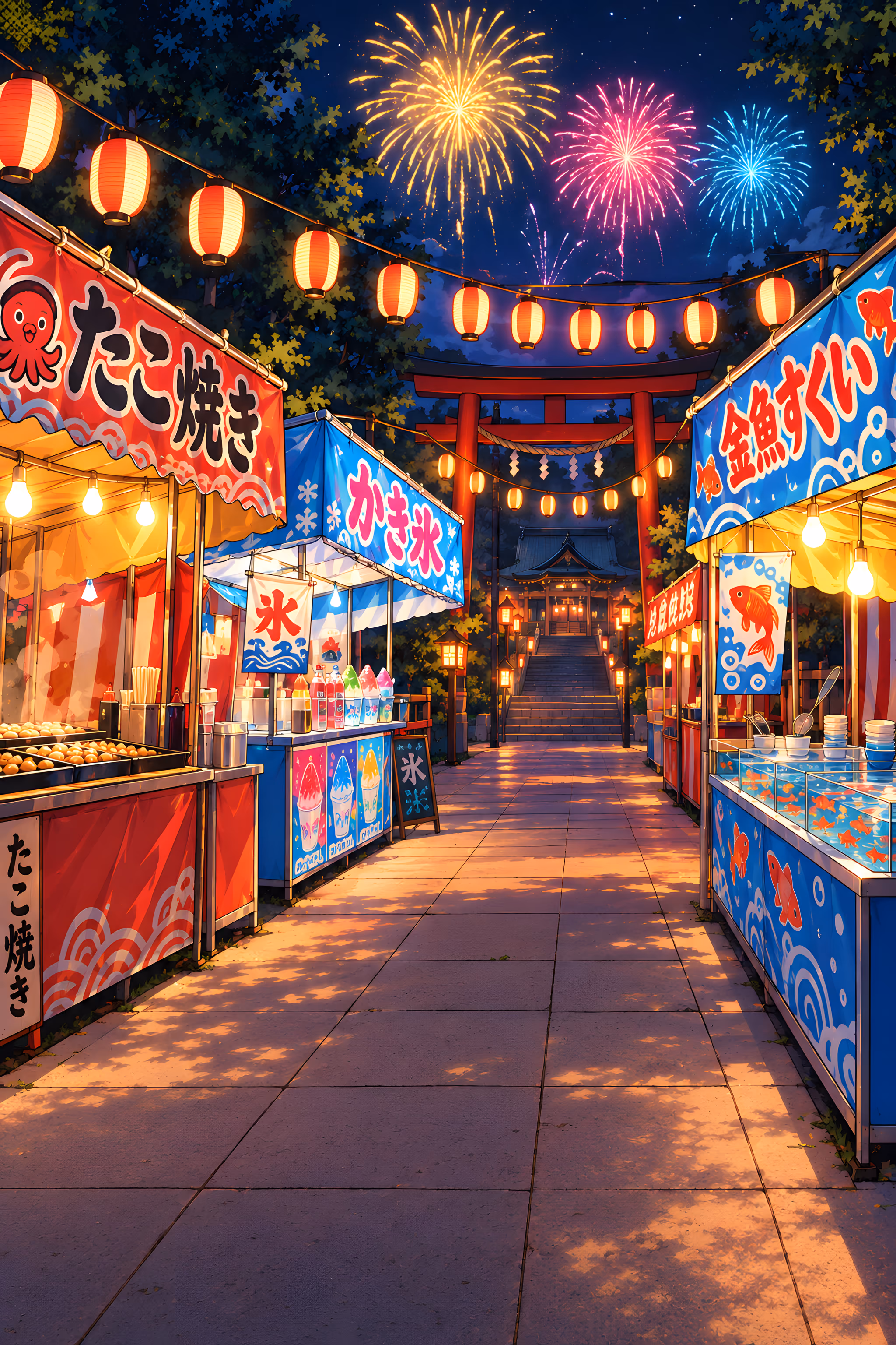A summer festival at night: paper lanterns, food stalls, and fireworks over a shrine gate
