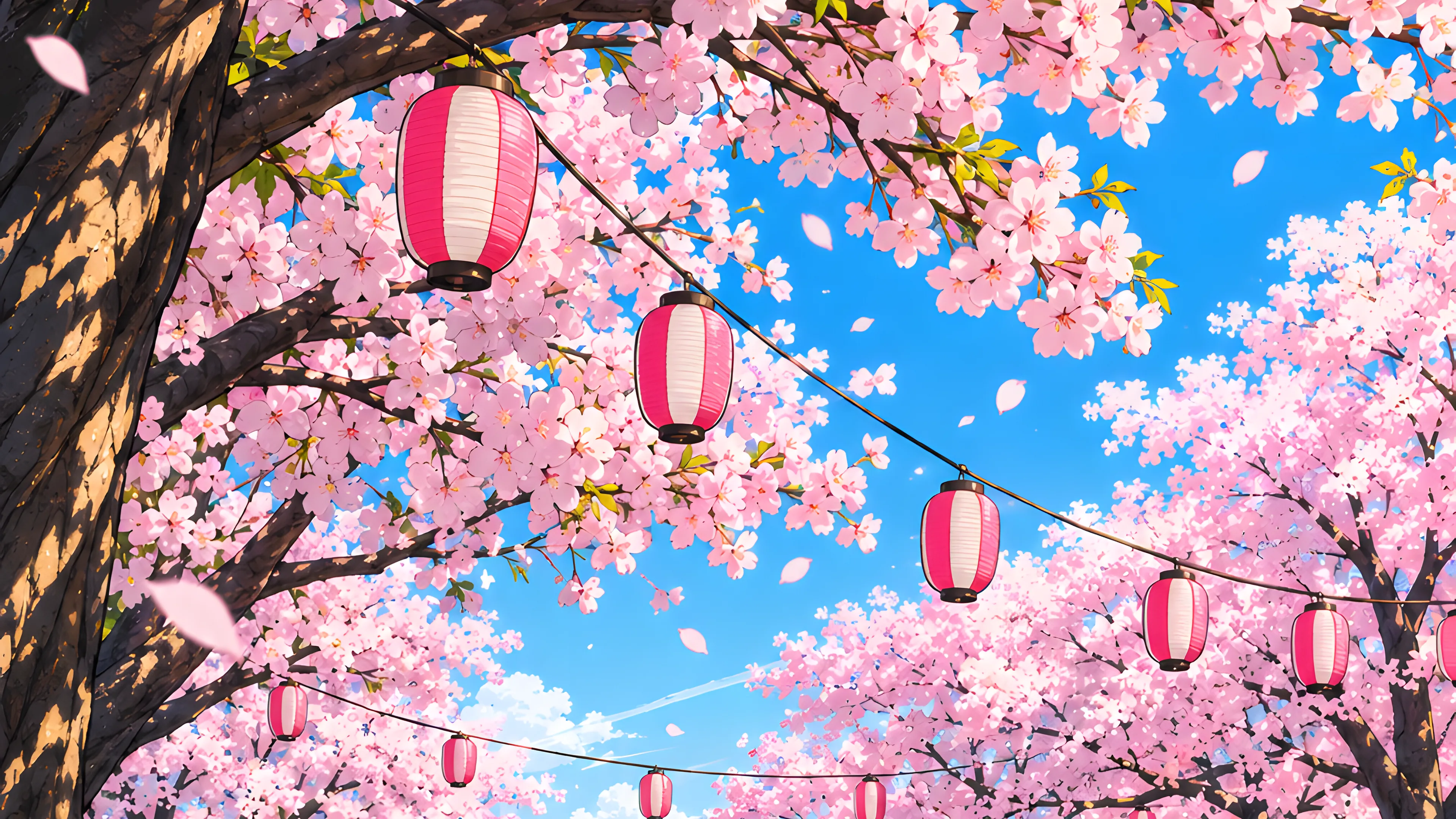 Cherry blossoms and paper lanterns against a blue sky