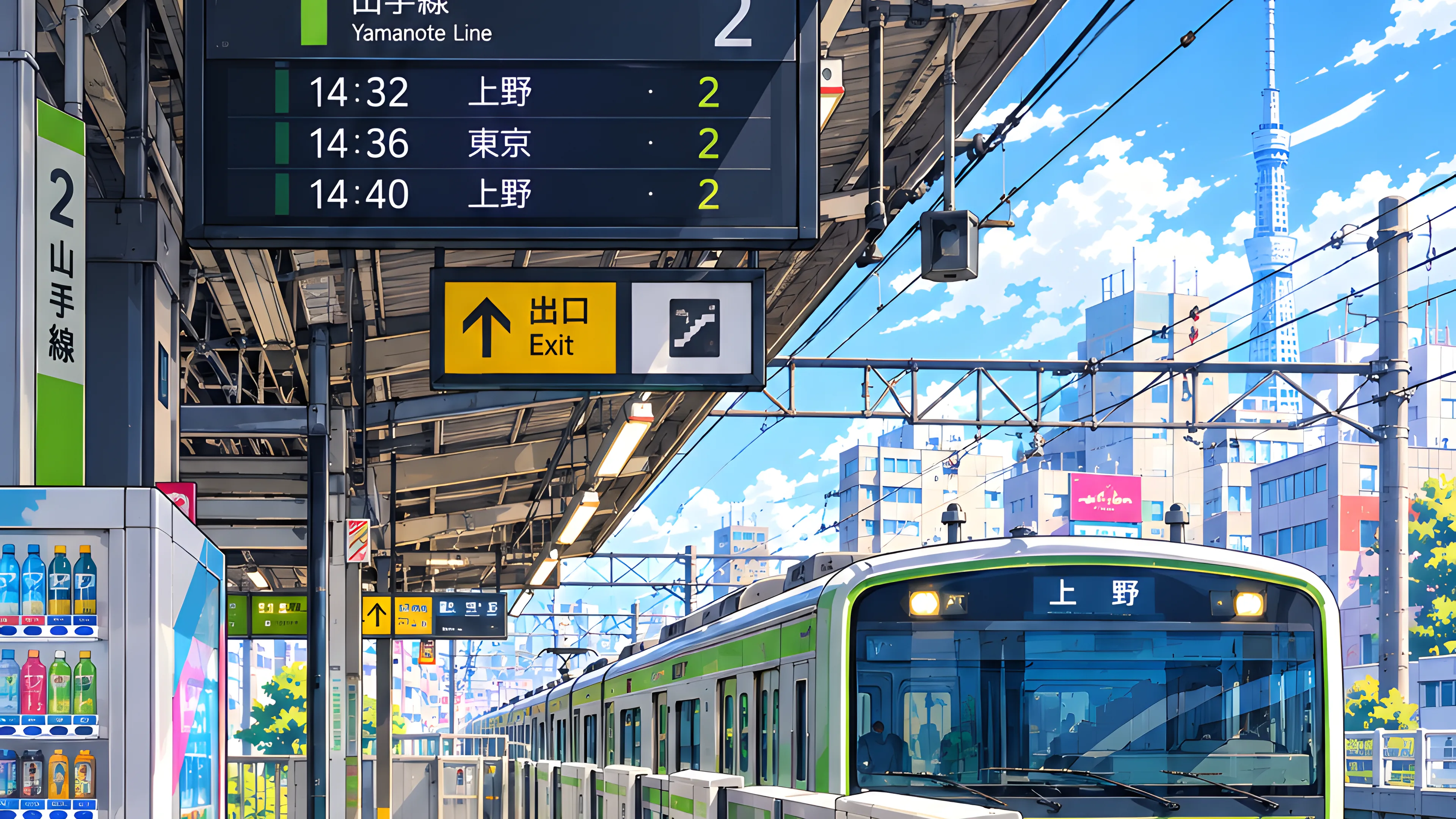 A Tokyo train platform on the Yamanote Line, with a green-striped train pulling in